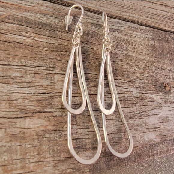 Sterling Two Tier Hammered Dangle Drop Hoop Earrings - Picture 4 of 6